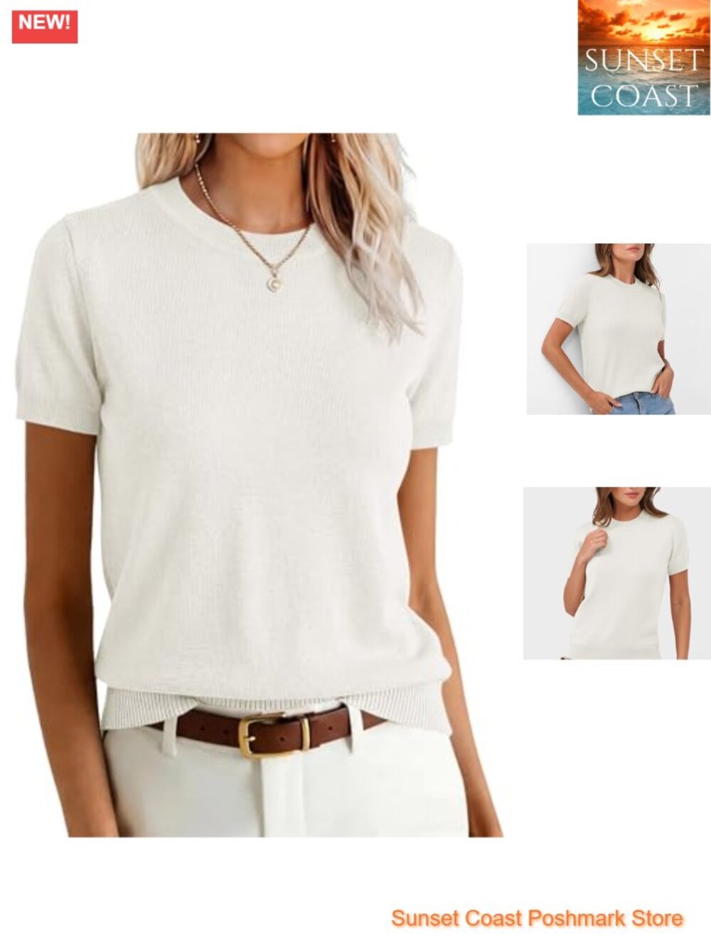 Womens Short Sleeve Wool Blend Knit Sweater Crew Neck Pullover